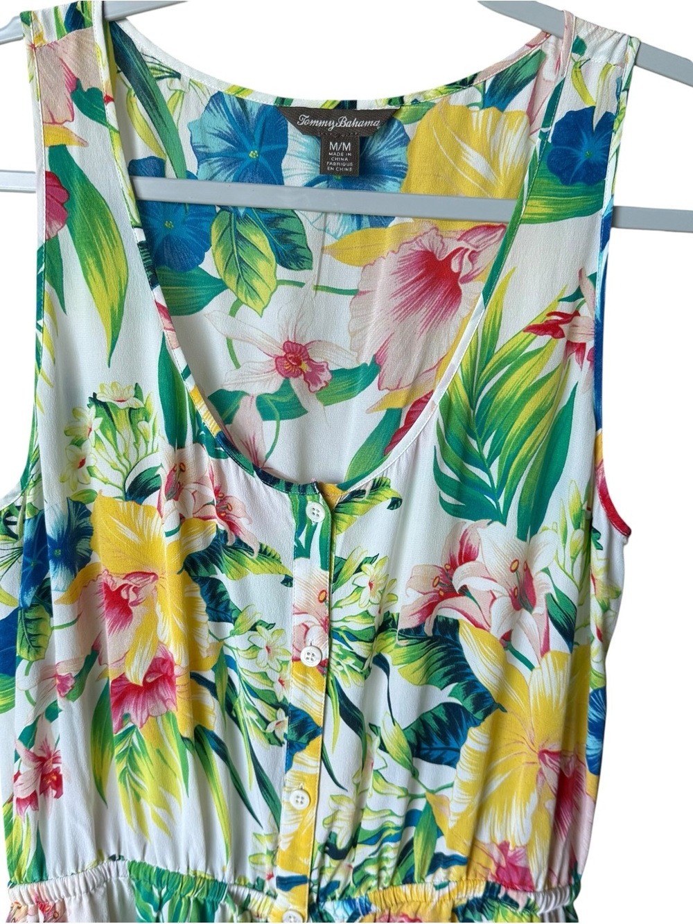 White with Yellow, Blue & Green Tommy Bahama Fleur De Lite Silk Maxi Dress Sz M - Picture 6 of 10